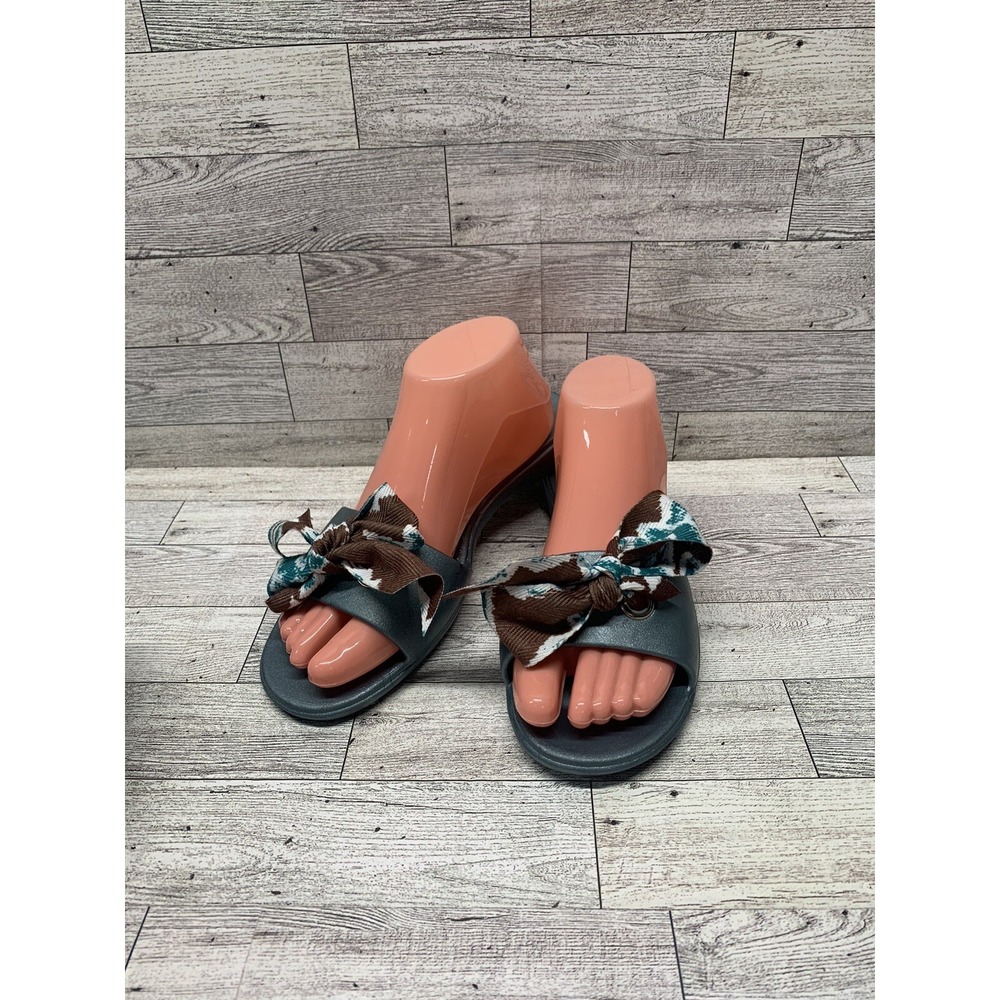 OKAb Okabashi Flip Flops Slides Sandal Women's Blue‎ Brown Bow Flats M-L (8-9)